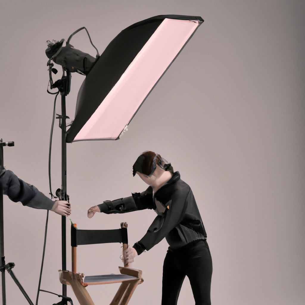 어시스턴트 수민: 흰색 미니멀 스튜디오에서 조명을 세팅하는 모습