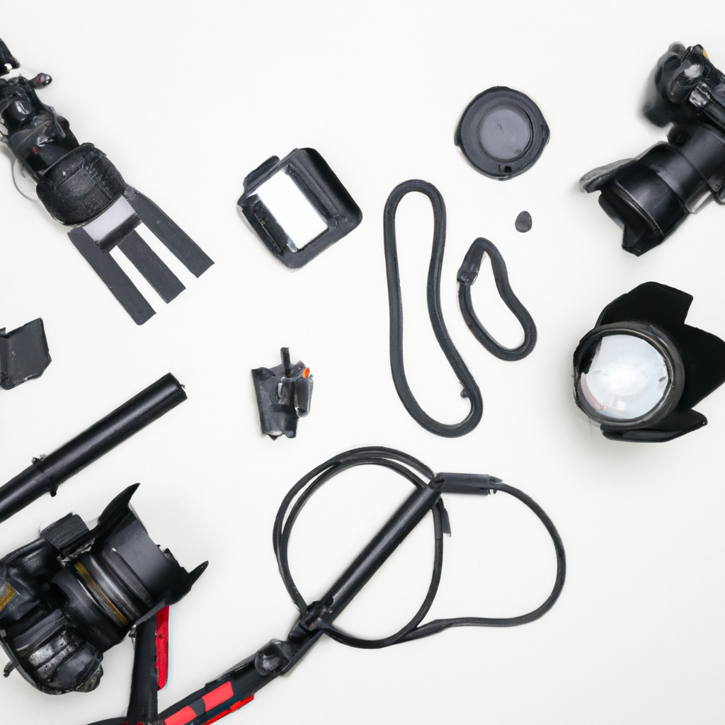 화이트 배경 위에 배열된 스튜디오 장비: 카메라, 렌즈, 스트로브, 라이트 모디파이어, 케이블 구성